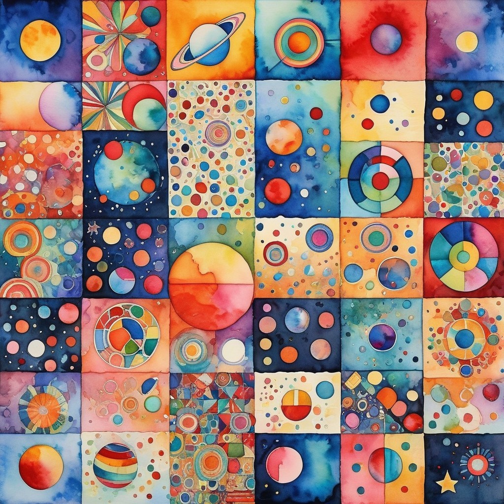 Vibrant Watercolor Collage of Celestial Motifs