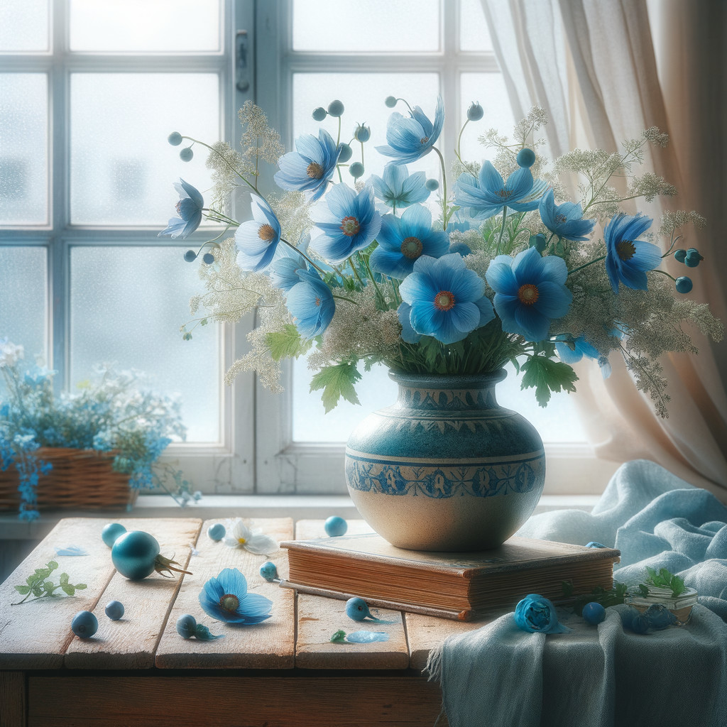 Still Life with Blue Flowers on Rustic Table