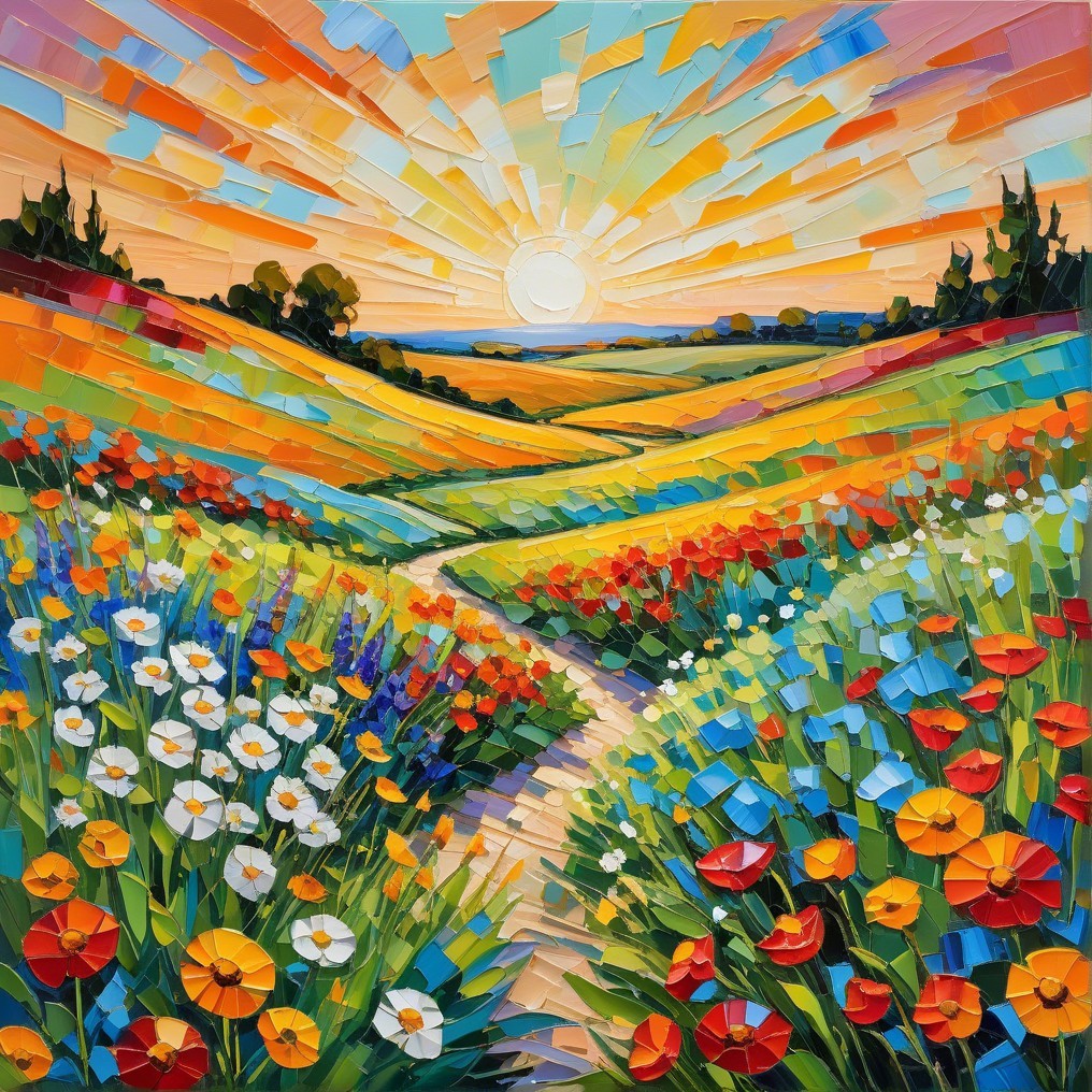 Vibrant Landscape with Colorful Flowers and Sunrise