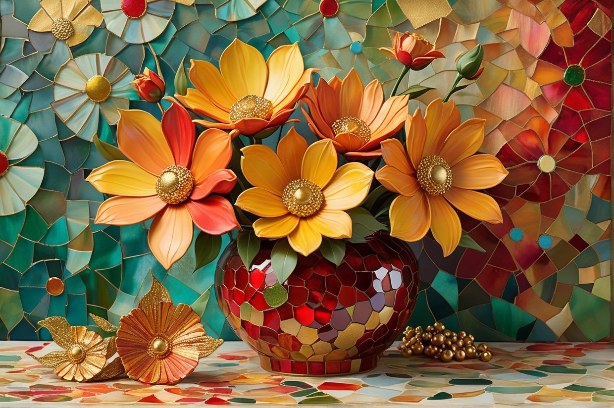 Large Orange and Yellow Flowers in Mosaic Vase