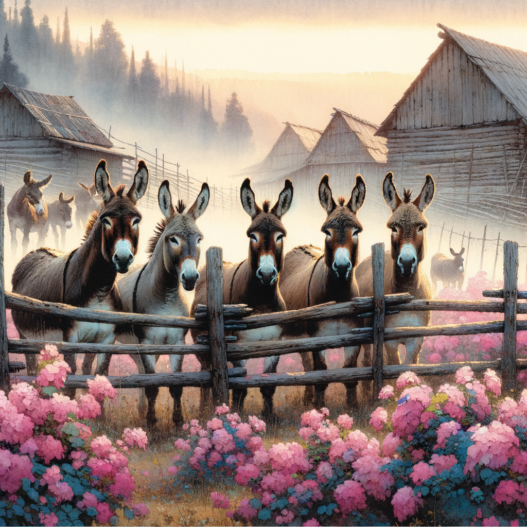 Rural Scene with Donkeys and Vibrant Flowers