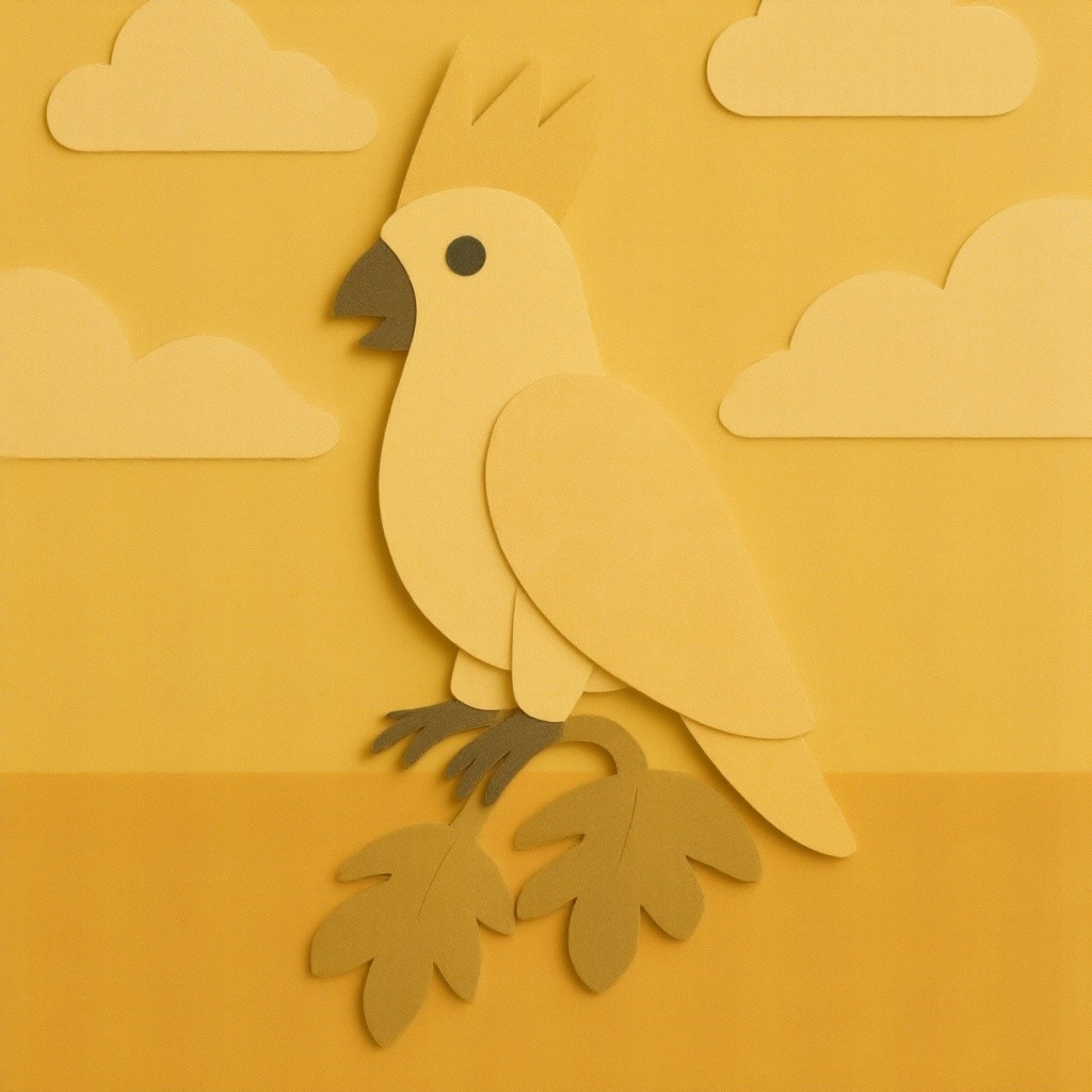 Stylized Paper Bird with Crown on Branch and Leaves