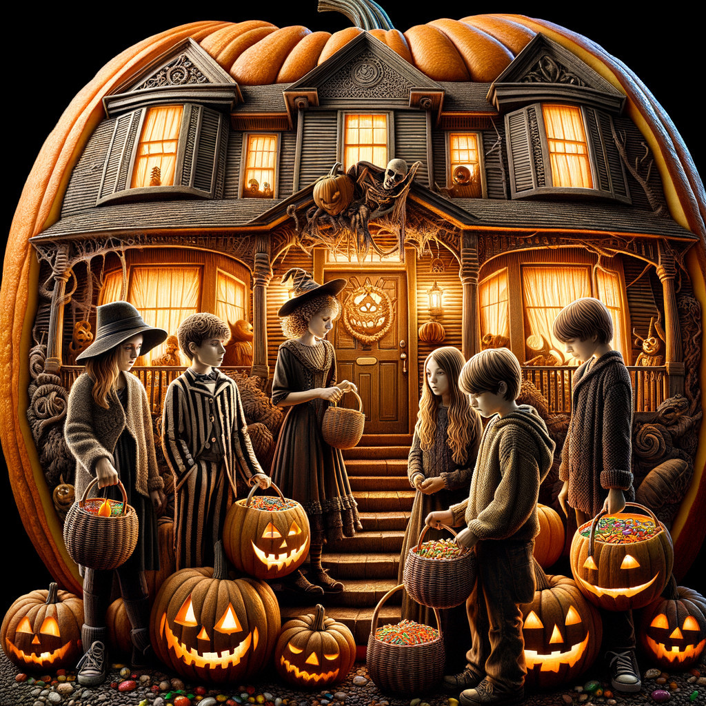Whimsical Halloween Scene with Vintage Home and Costumes