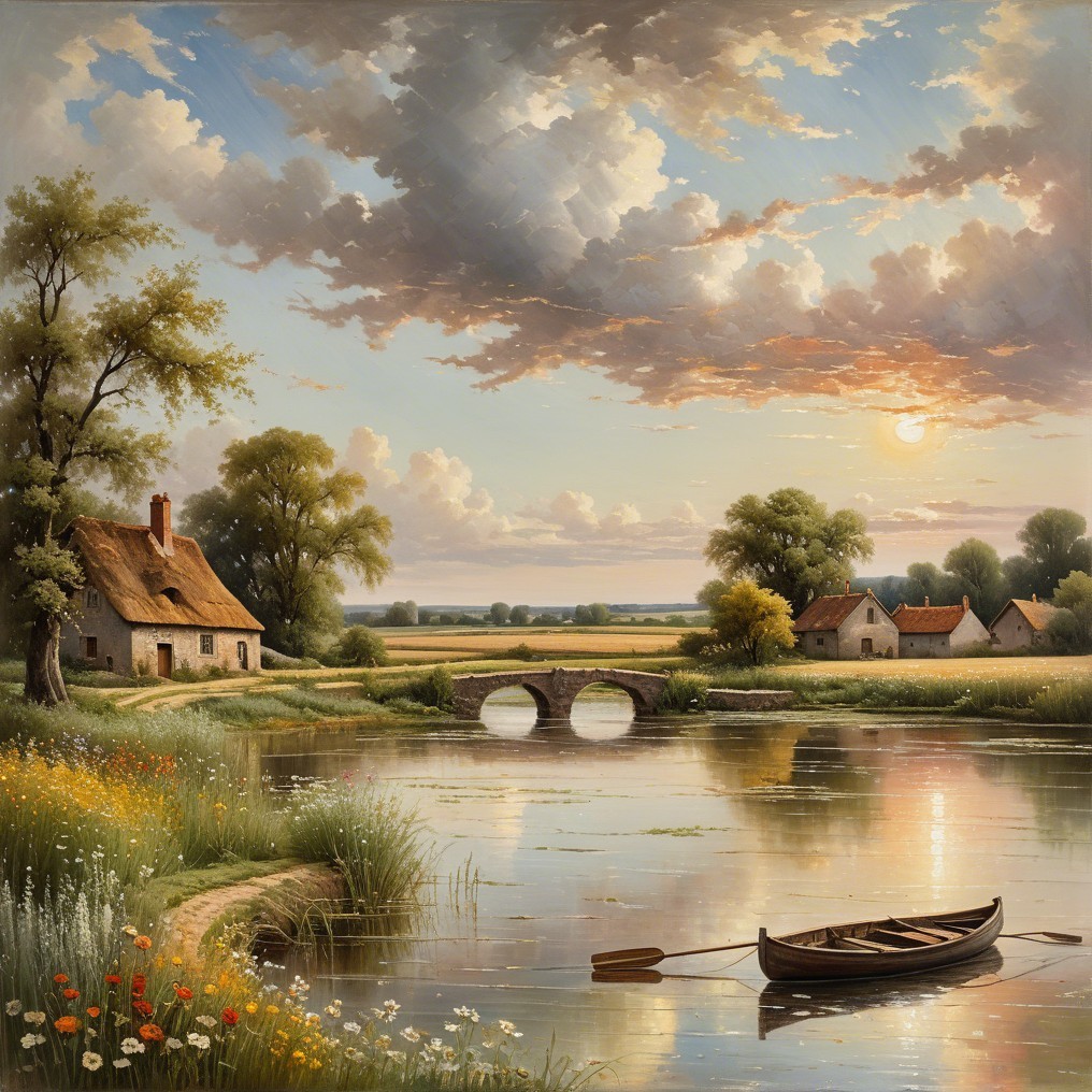 Serene Landscape with River and Colorful Sunset