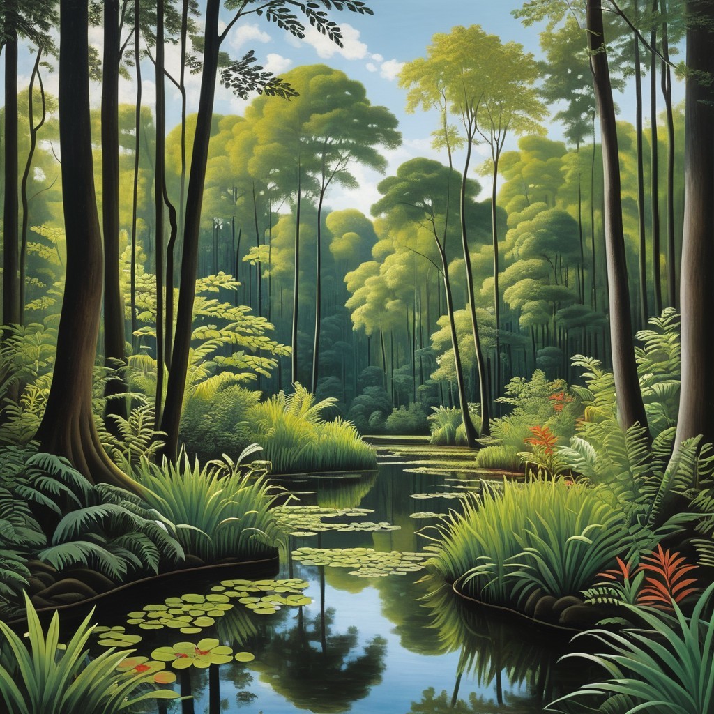 Serene Forest Landscape with Stream and Lush Foliage
