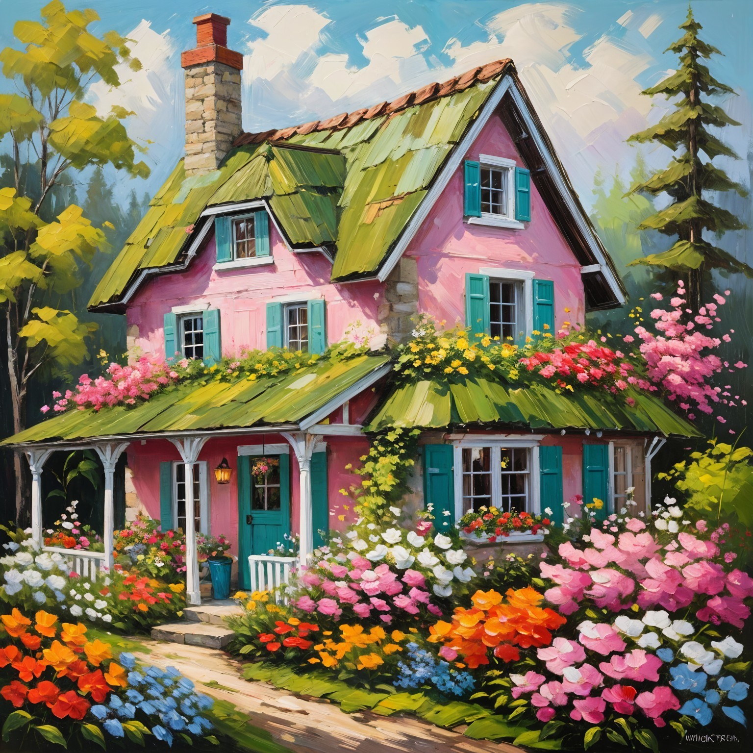 Charming Pink Cottage Surrounded by Vibrant Flowers