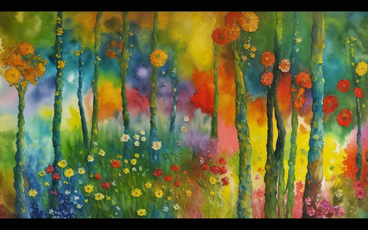 Vibrant Abstract Landscape with Colorful Trees and Flowers