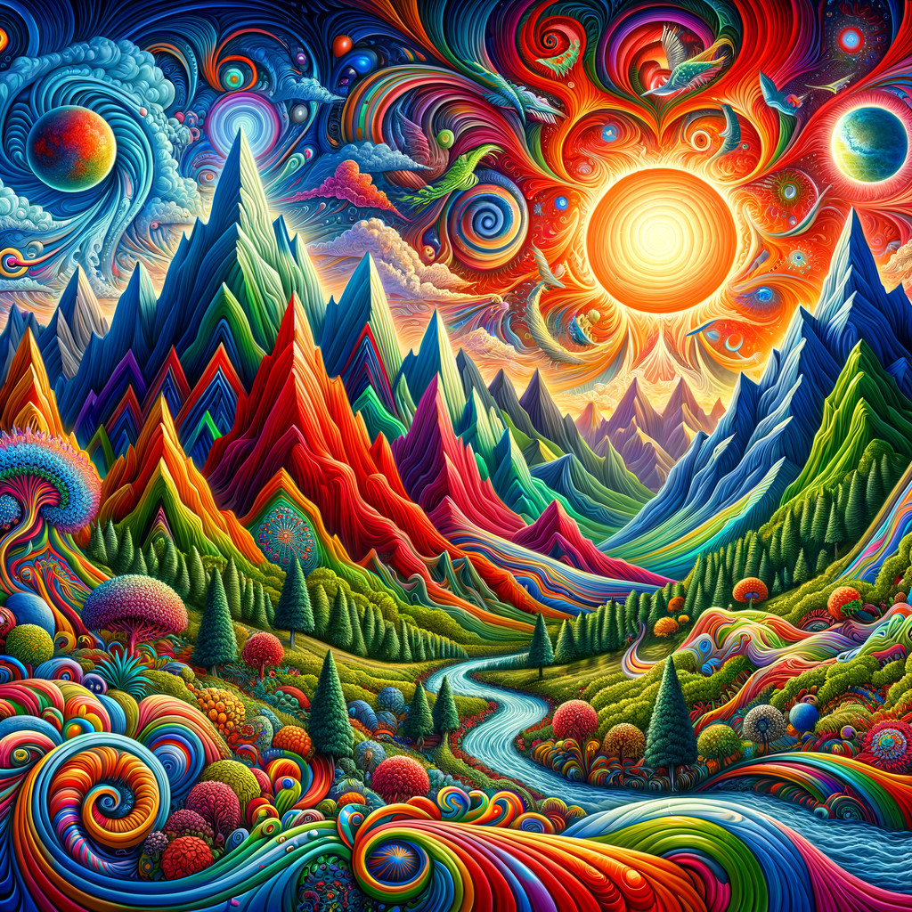 Surreal Landscape with Colorful Mountains and Rivers