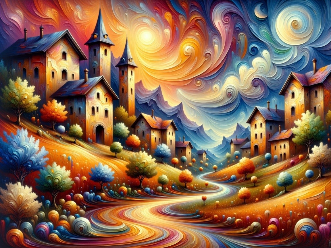 Vibrant Whimsical Landscape with Colorful Houses and Sky