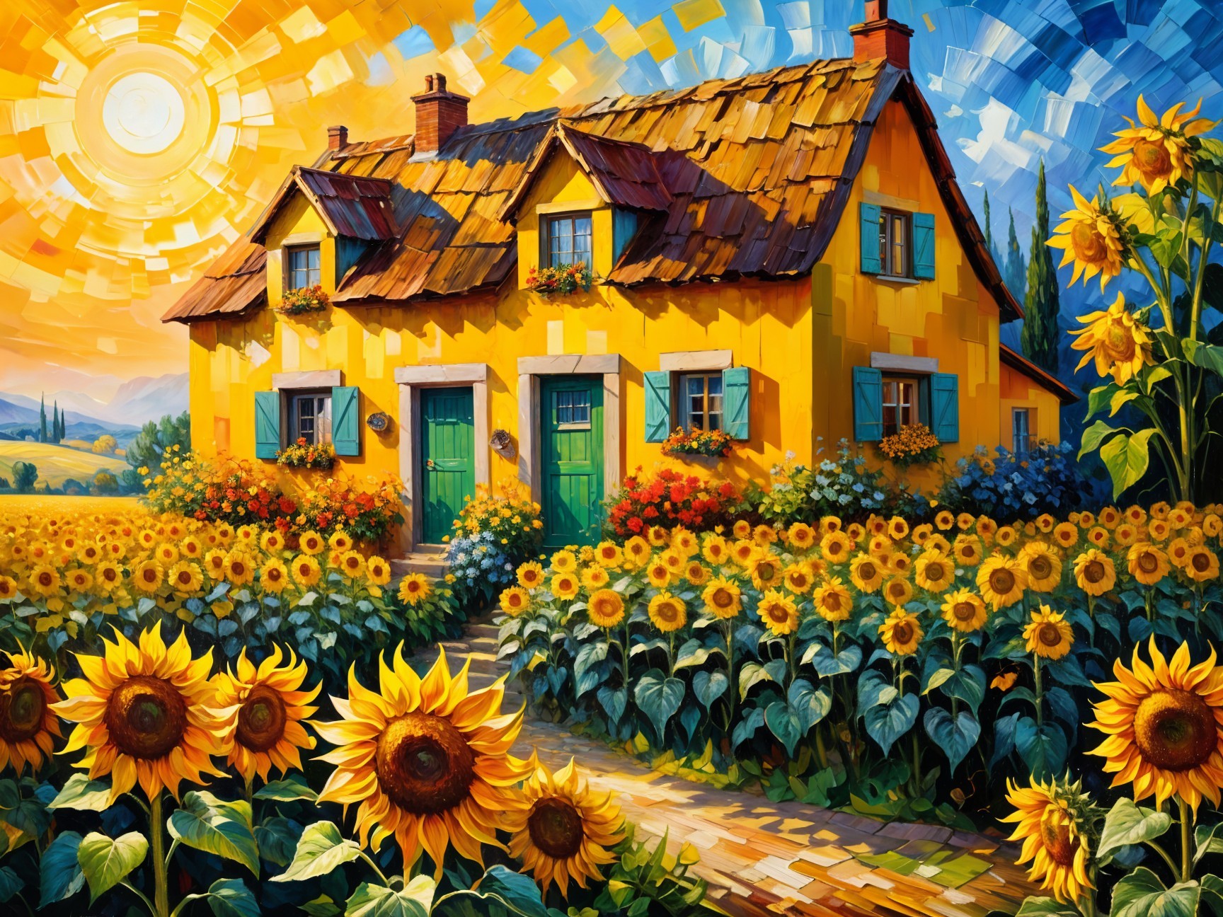 Vibrant Yellow Cottage Surrounded by Sunflowers