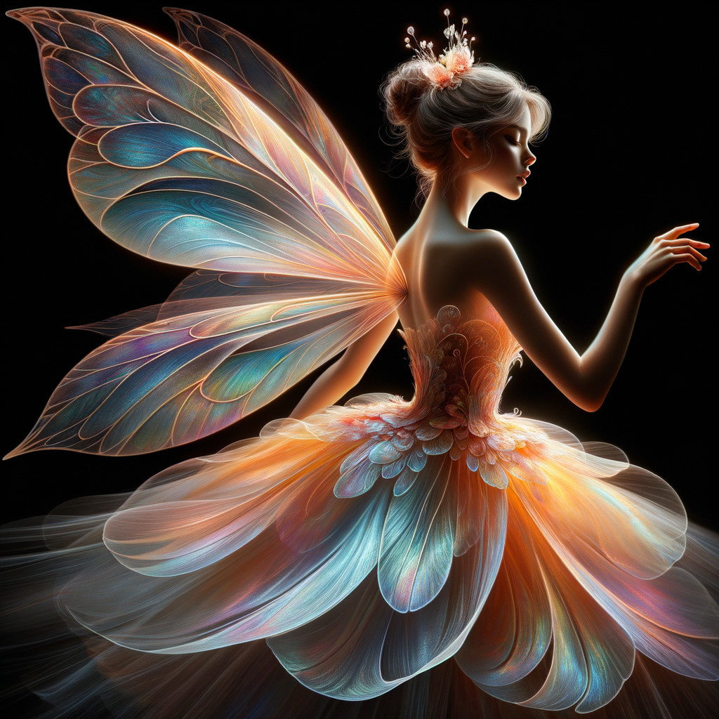 Fairy Figure with Iridescent Wings and Flowing Gown