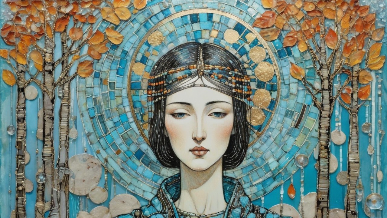 Serene Woman Surrounded by Blue and Gold Mosaic