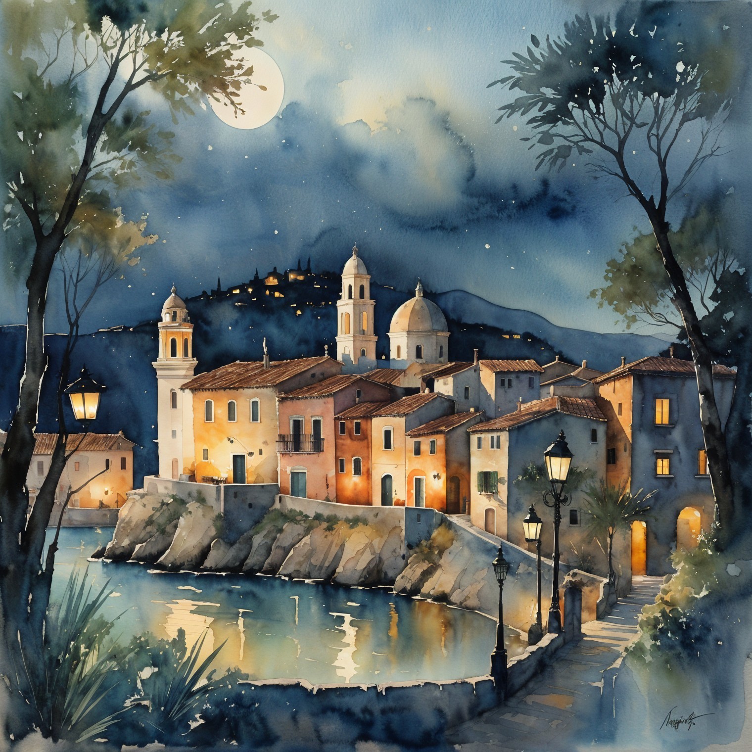 Serene Coastal Village at Night with Moonlight Reflection
