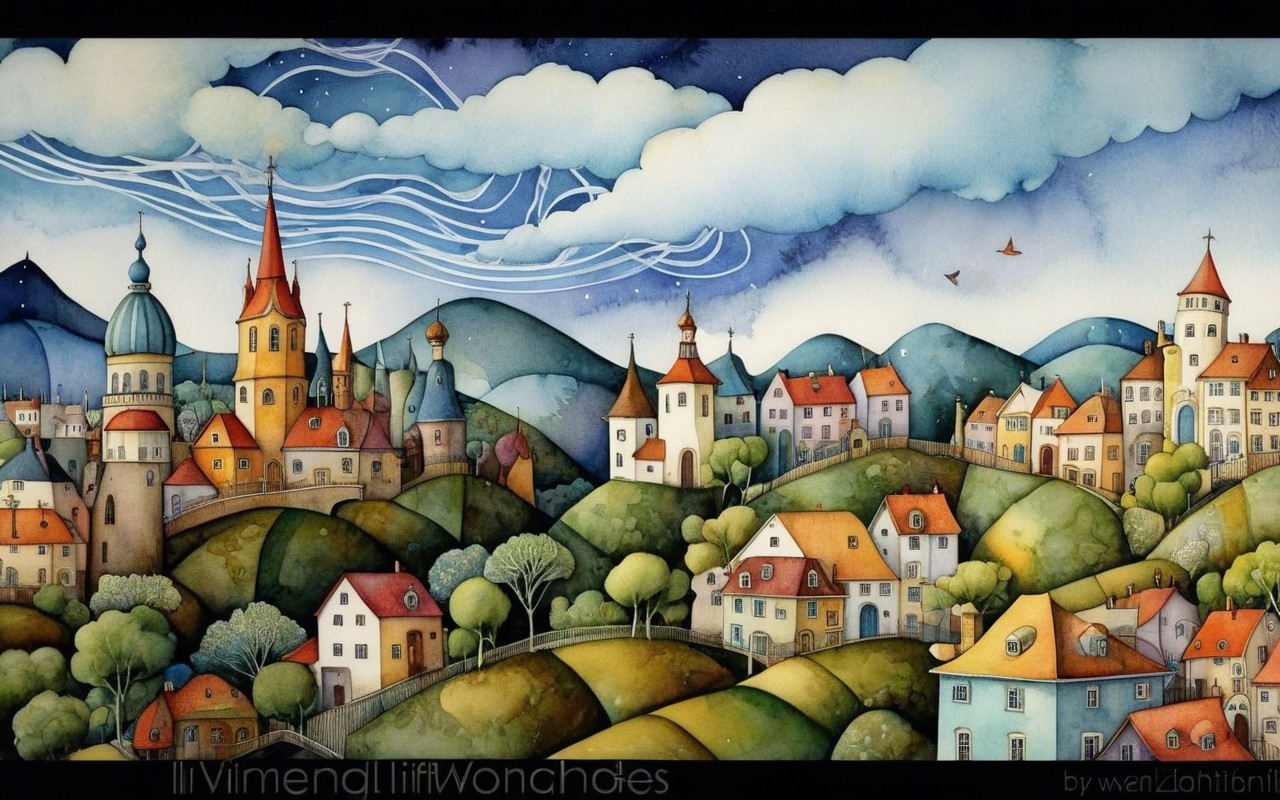 Whimsical landscape with colorful houses and hills