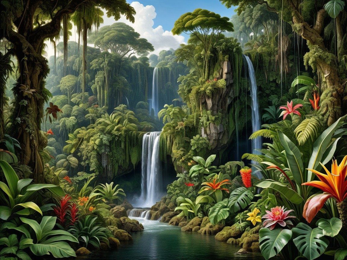 Vibrant Jungle Scene with Lush Greenery and Waterfalls