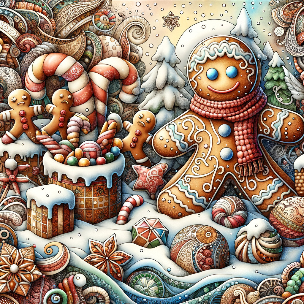 Whimsical Holiday Scene with Gingerbread Figures and Snow