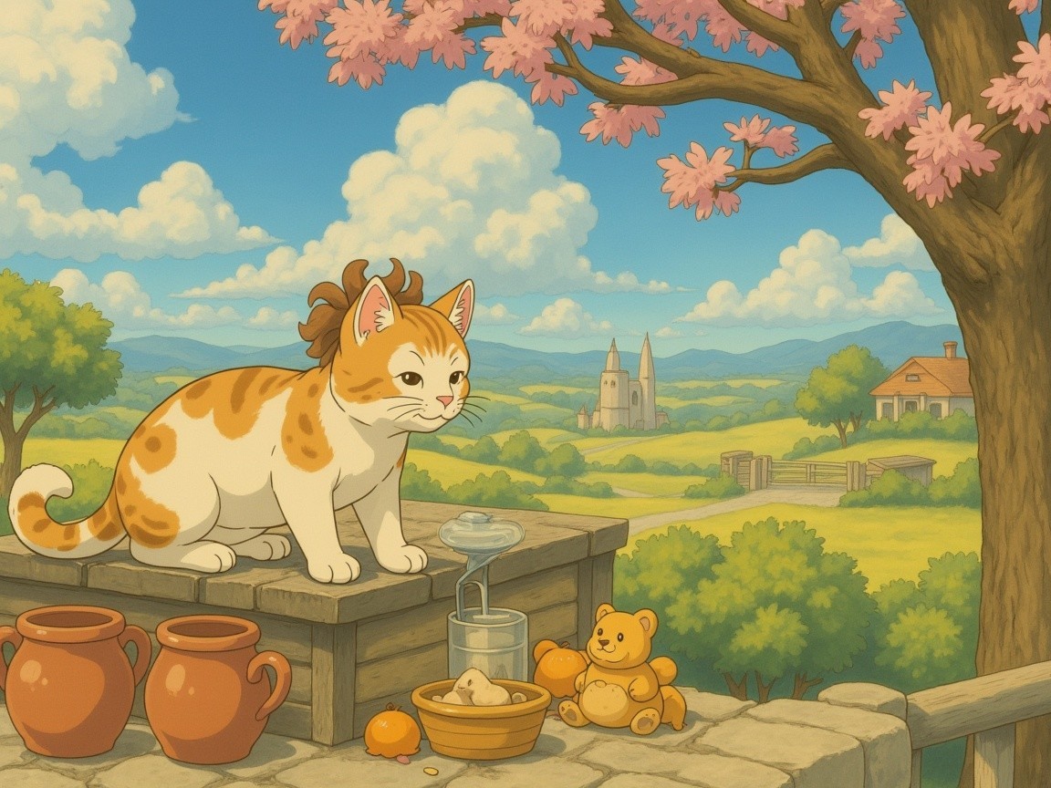 Whimsical Cat Scene with Pots and Cherry Blossoms