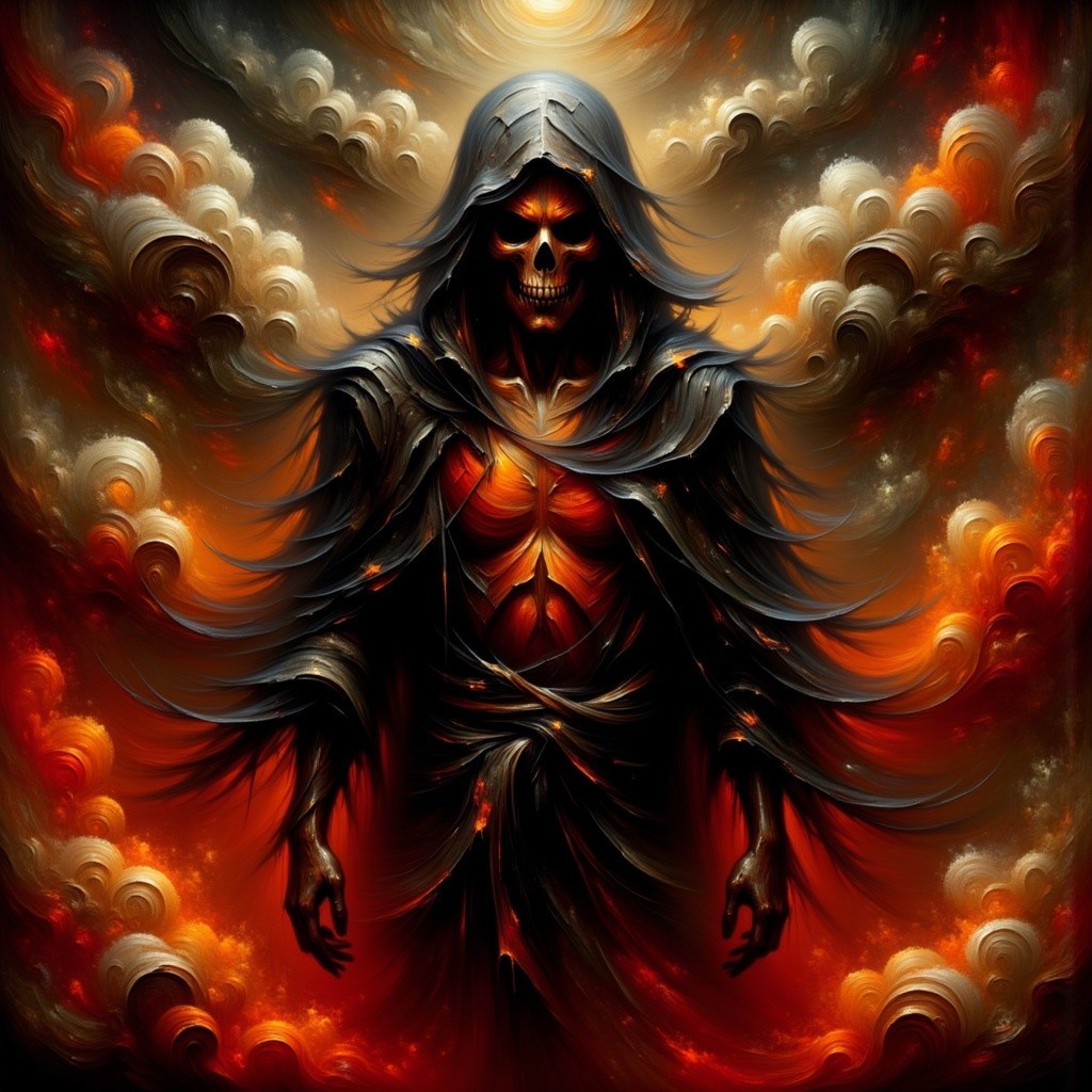 Dark Cloaked Figure Against Fiery Cloud Background