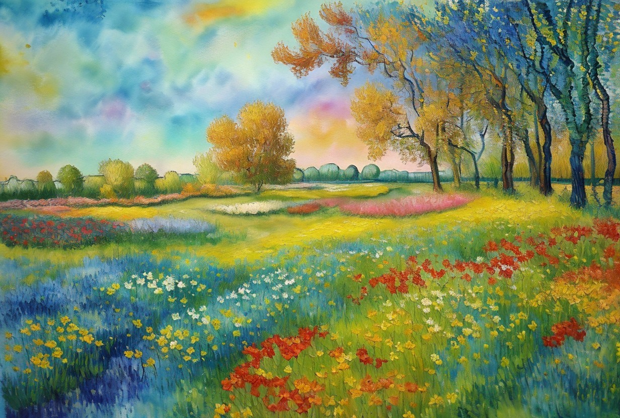 Vibrant landscape with colorful flowers and autumn trees