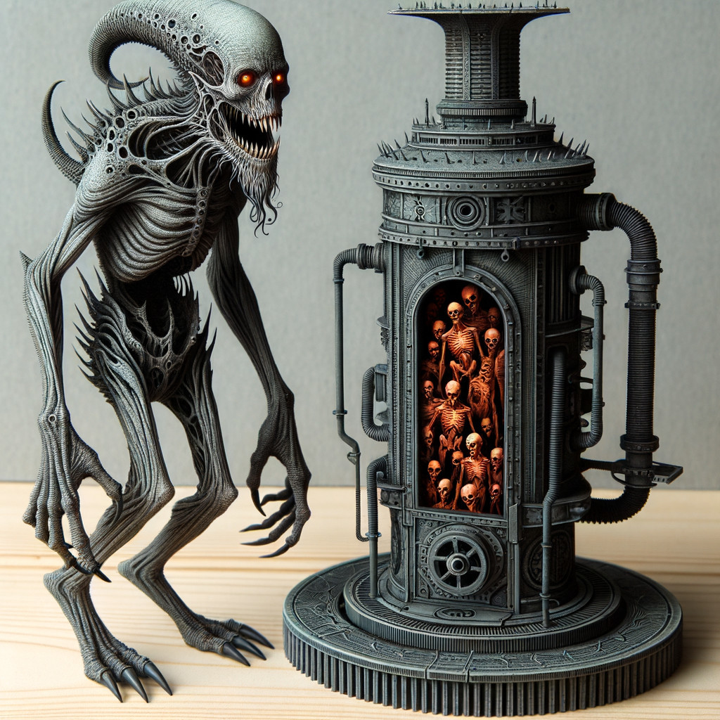 Skeletal Creature Beside Futuristic Metallic Apparatus