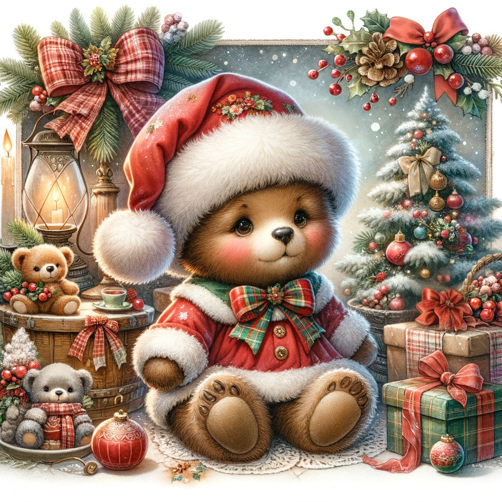Adorable Teddy Bear in Santa Hat with Christmas Decor
