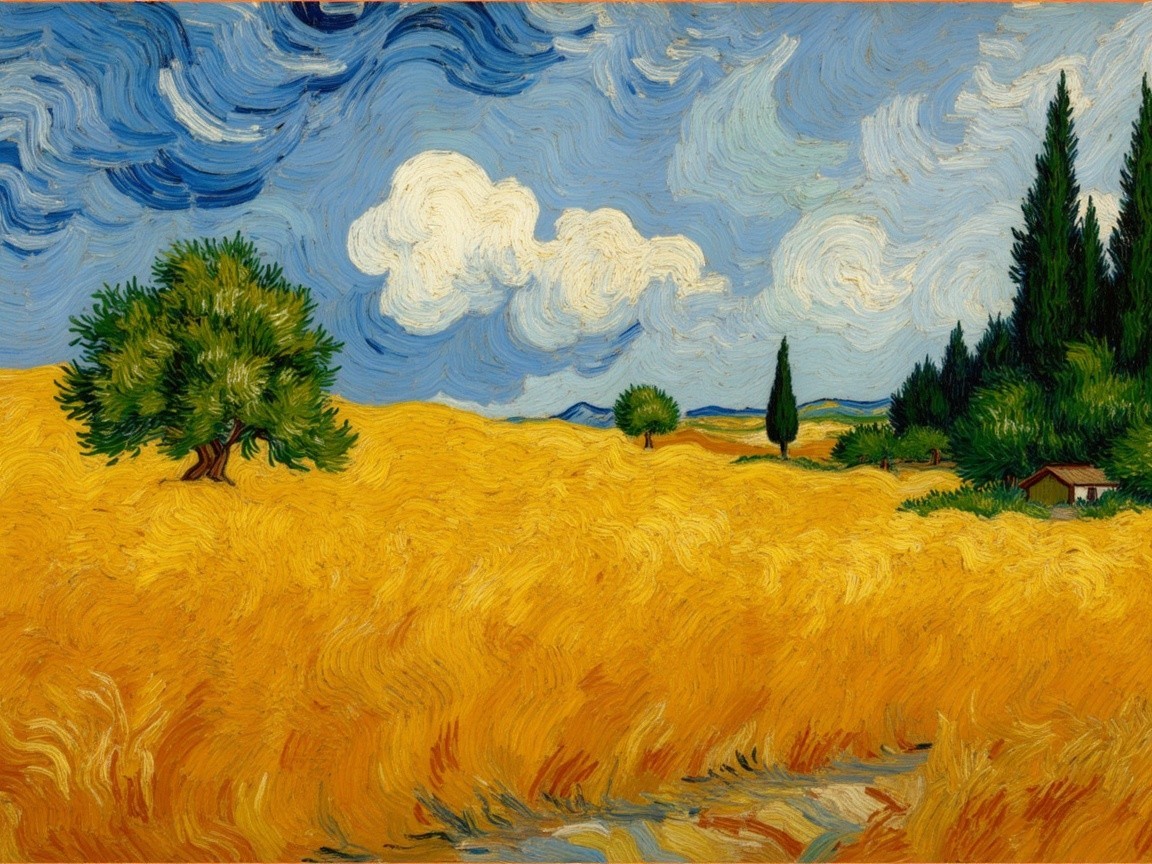 Vibrant Landscape with Wheat Fields and Cypress Trees