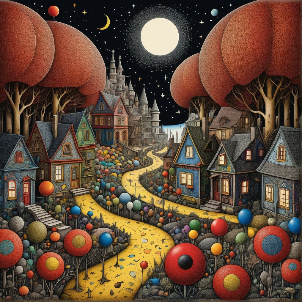 Whimsical Night Scene with Colorful Trees and Houses