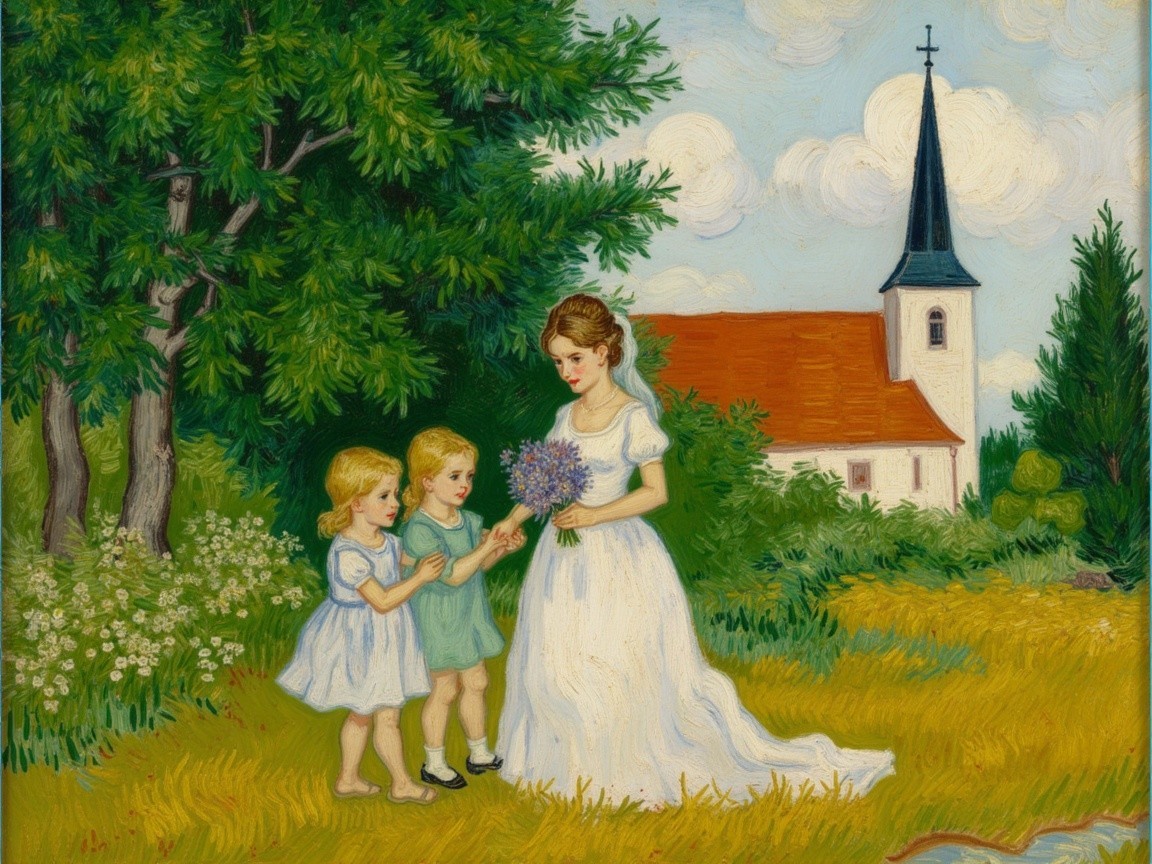Mother in White Dress with Girls in Countryside Setting