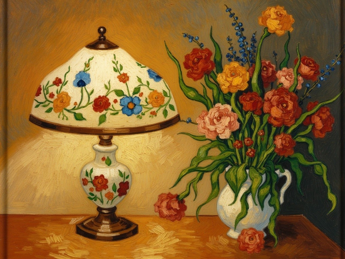Decorative Lamp and Floral Bouquet in Cozy Setting