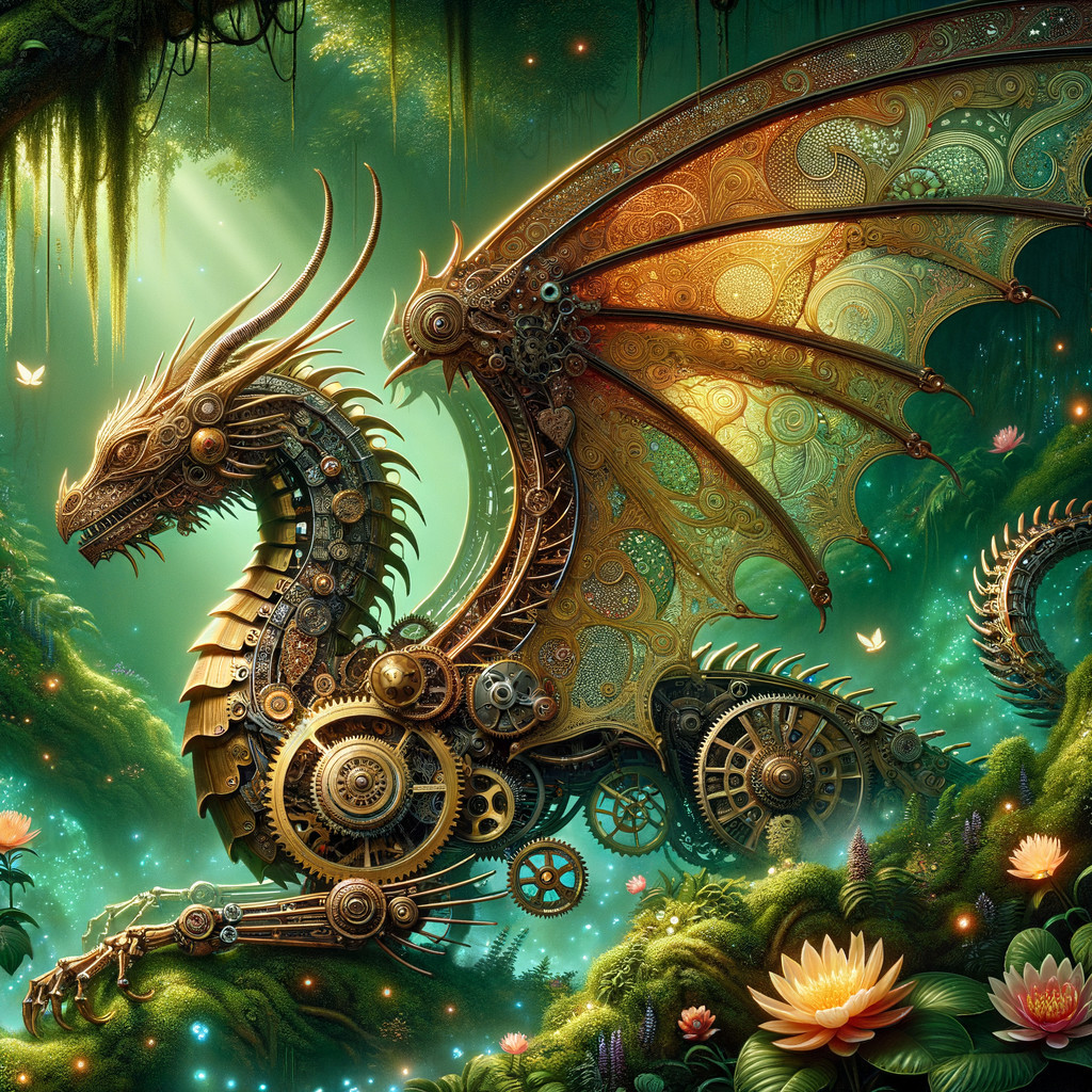 Steampunk Dragon in Enchanted Forest Setting