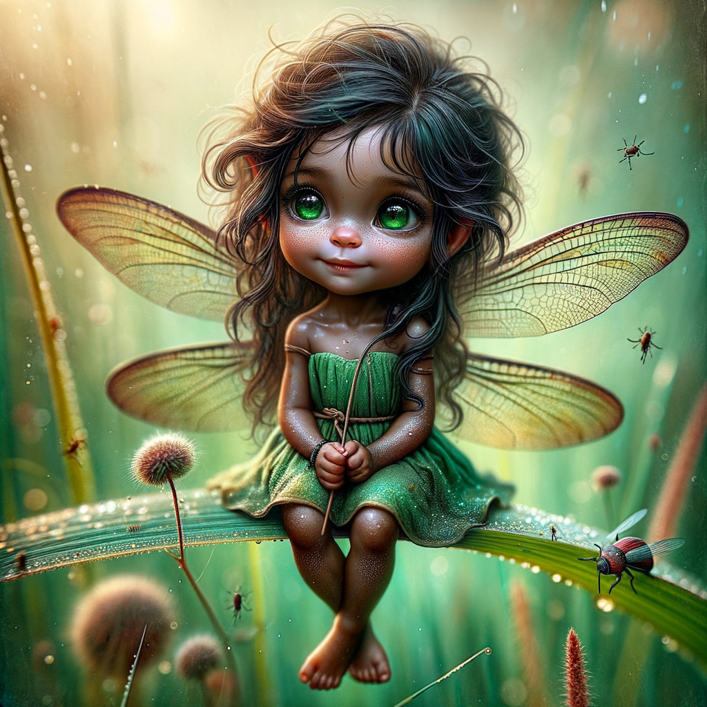 Whimsical Fairy on Dewy Leaf in Enchanted Forest
