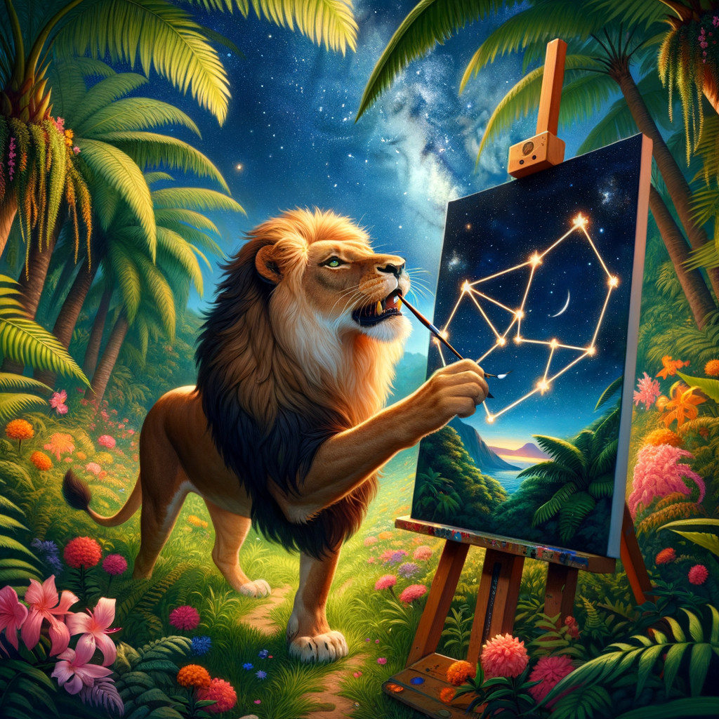 Lion Painting a Starry Night in Tropical Paradise