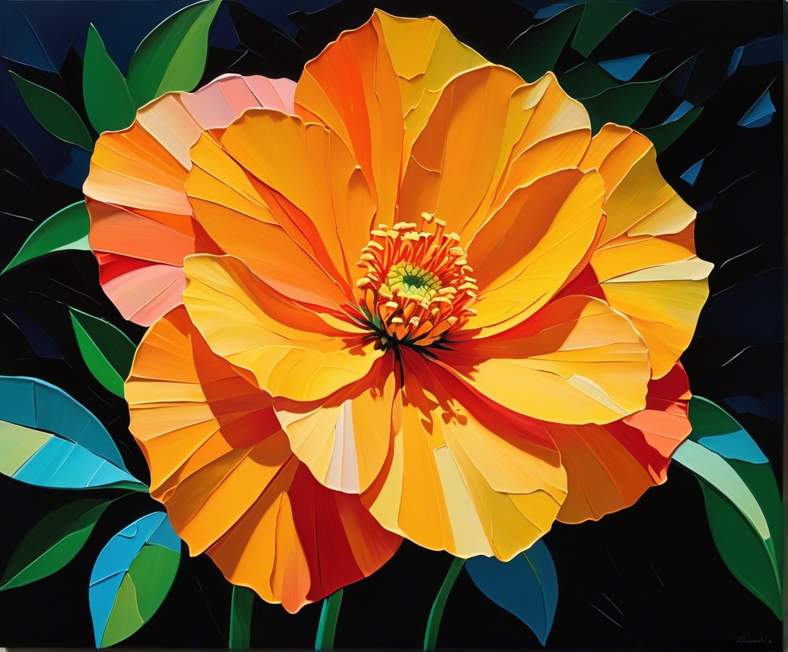 Vibrant Orange Flower with Layered Petals and Green Leaves