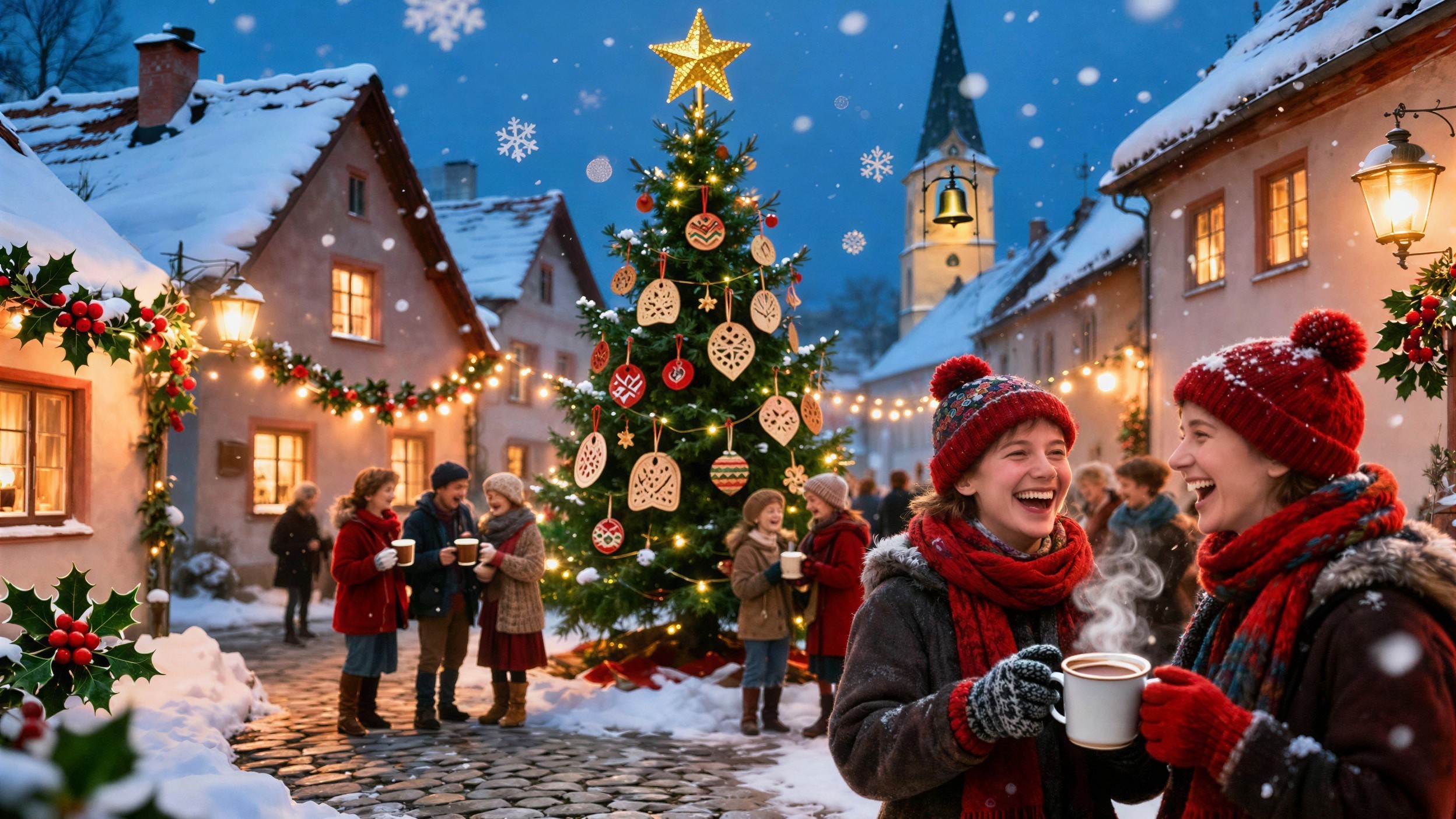 Christmas Market Scene with Snow and Joyful Gatherings