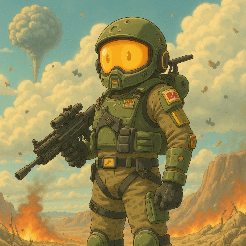 Cartoon Character in Military Suit in Post-Apocalyptic Scene