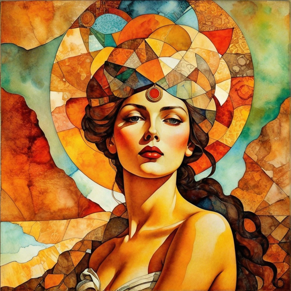 Striking Woman Surrounded by Vibrant Geometric Mosaic