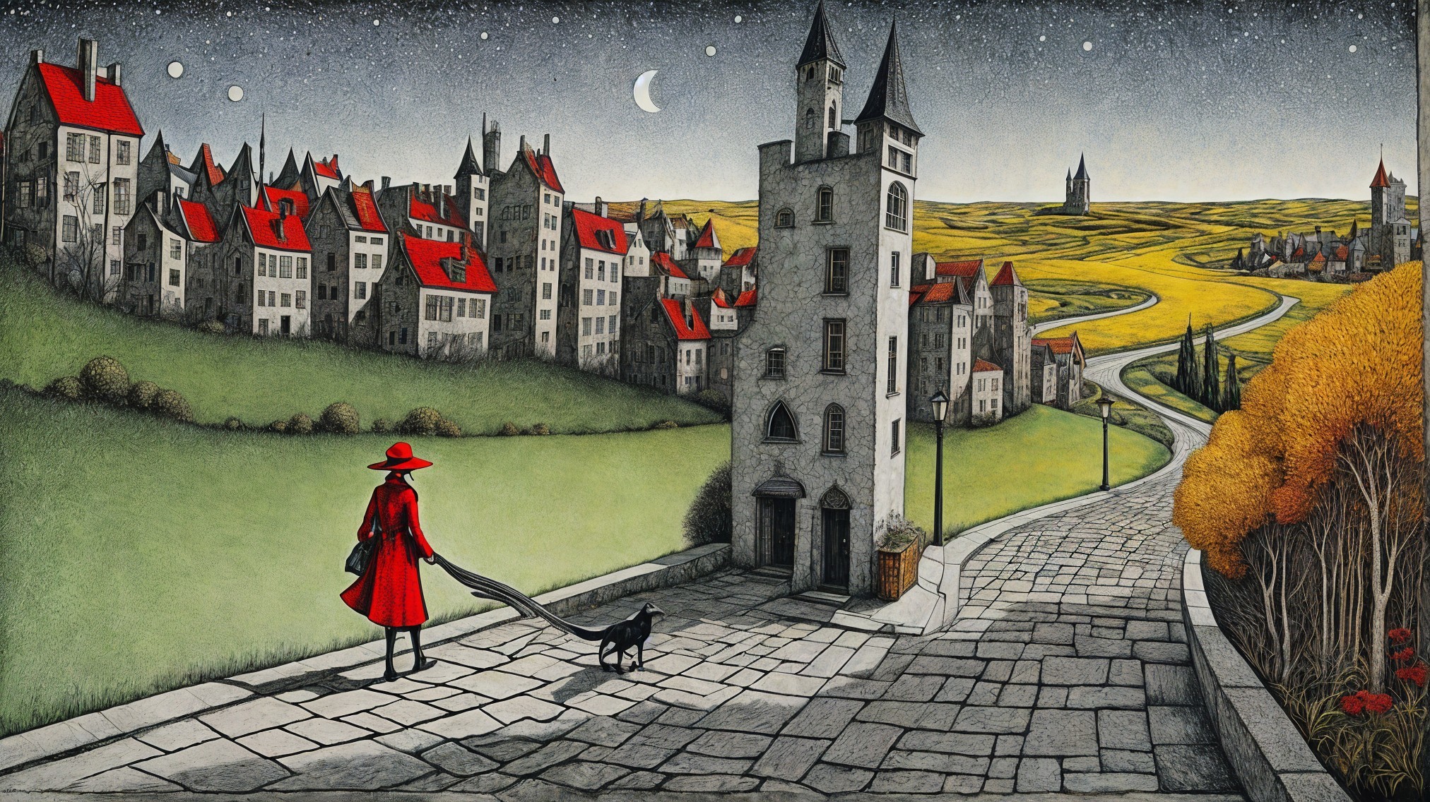 Whimsical Landscape with Red Coat and Black Cat