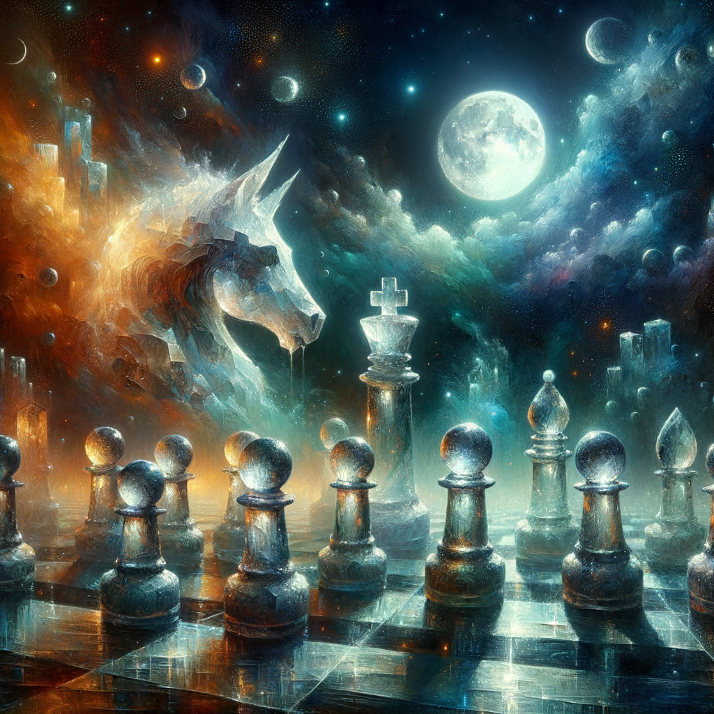 Surreal Cosmic Landscape with Mystical Wolf and Chessboard