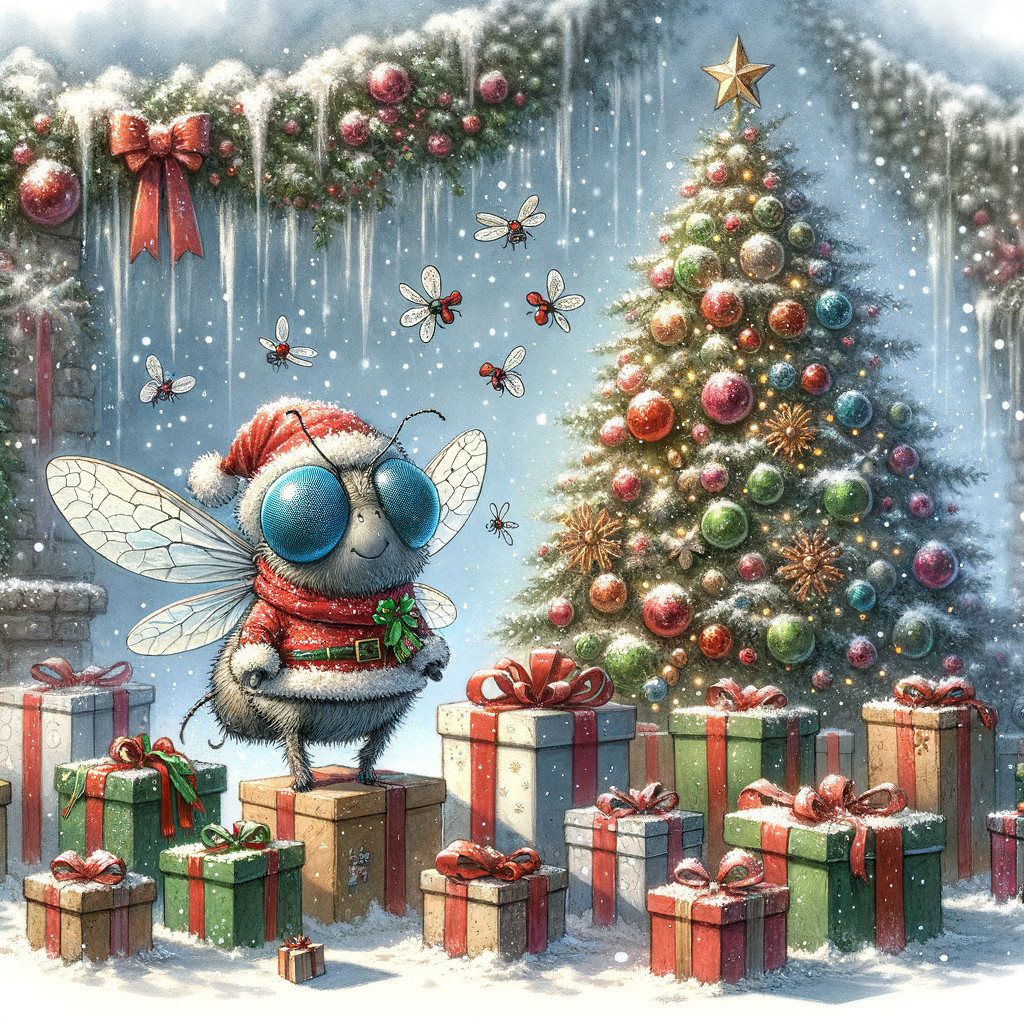 Cute Fly in Santa Outfit on Wrapped Christmas Presents