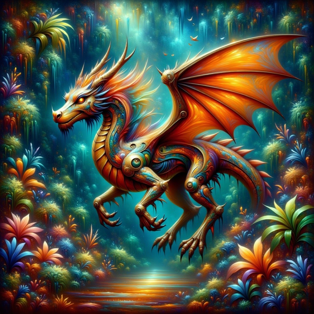 Mythical dragon in a vibrant, colorful landscape