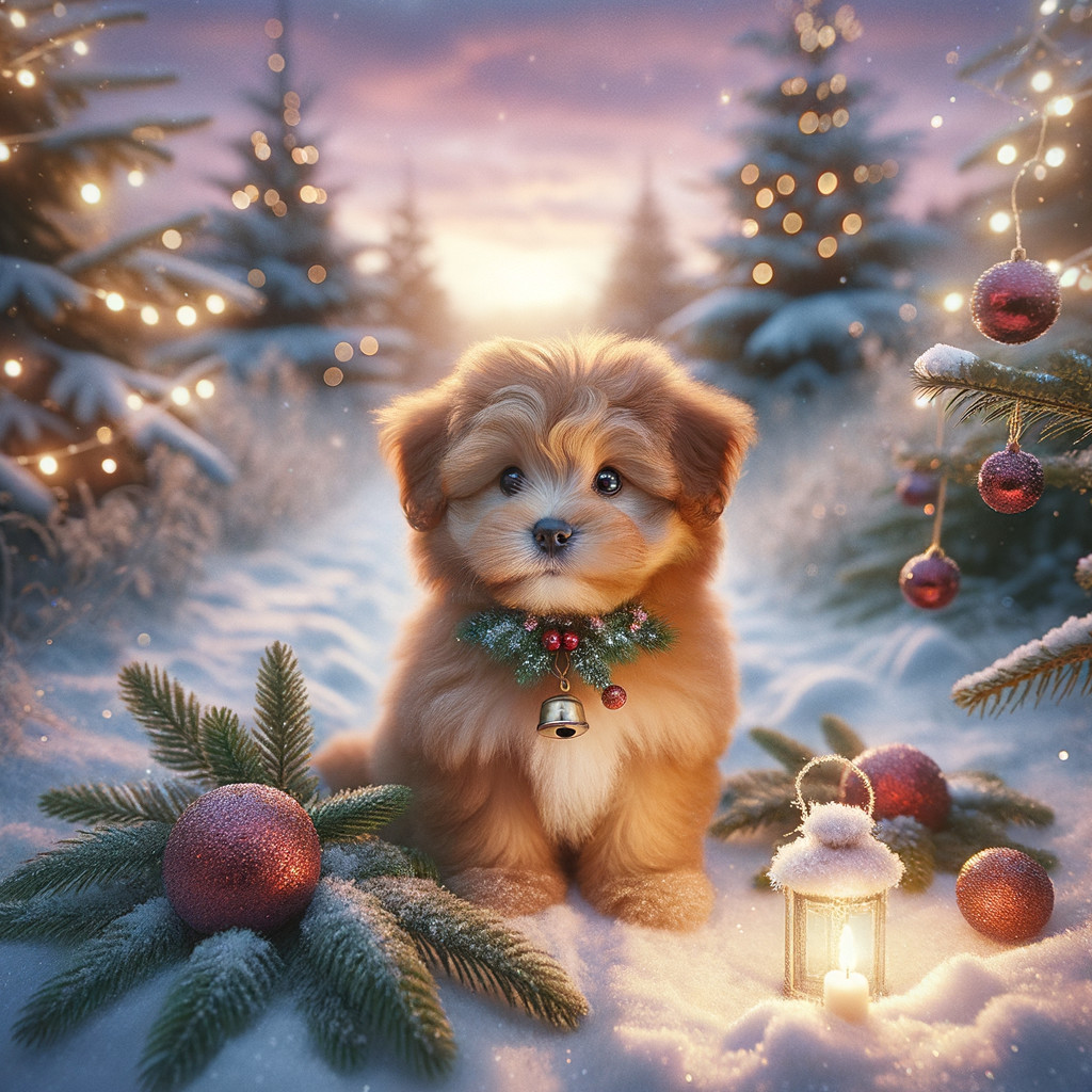 Golden Puppy in Snowy Christmas Landscape with Trees