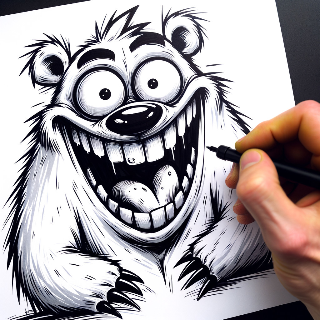 Playful Cartoon Bear with Bold Black and White Lines