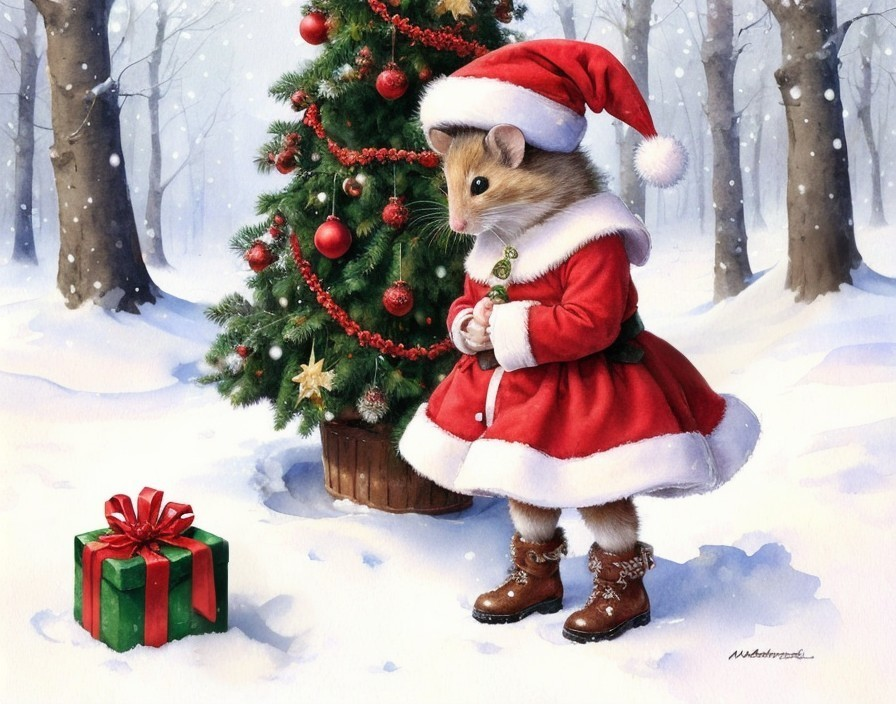 Anthropomorphic mouse in Santa outfit by Christmas tree in snowy scene