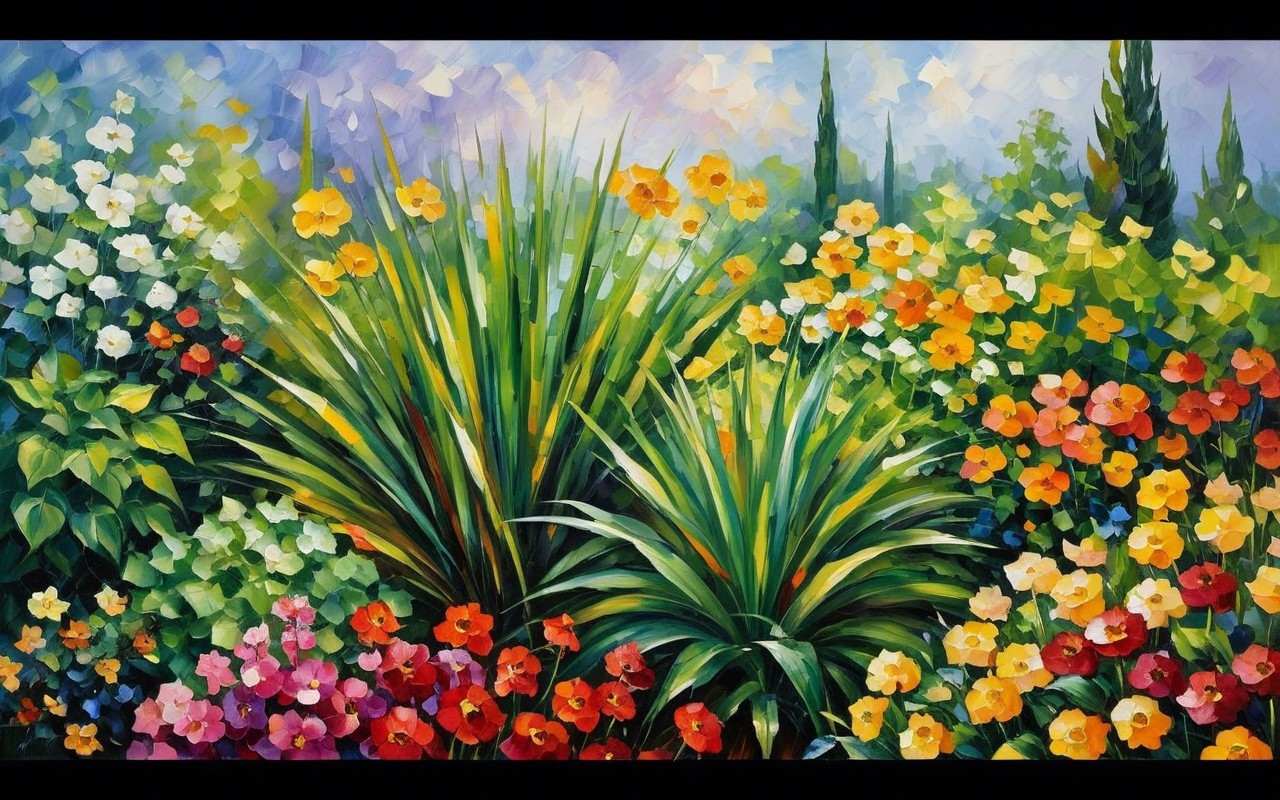 Vibrant Garden Scene with Colorful Flowers and Foliage