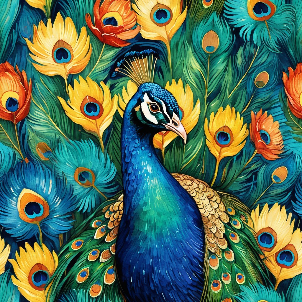 Vibrant Peacock with Colorful Plumage and Floral Backdrop