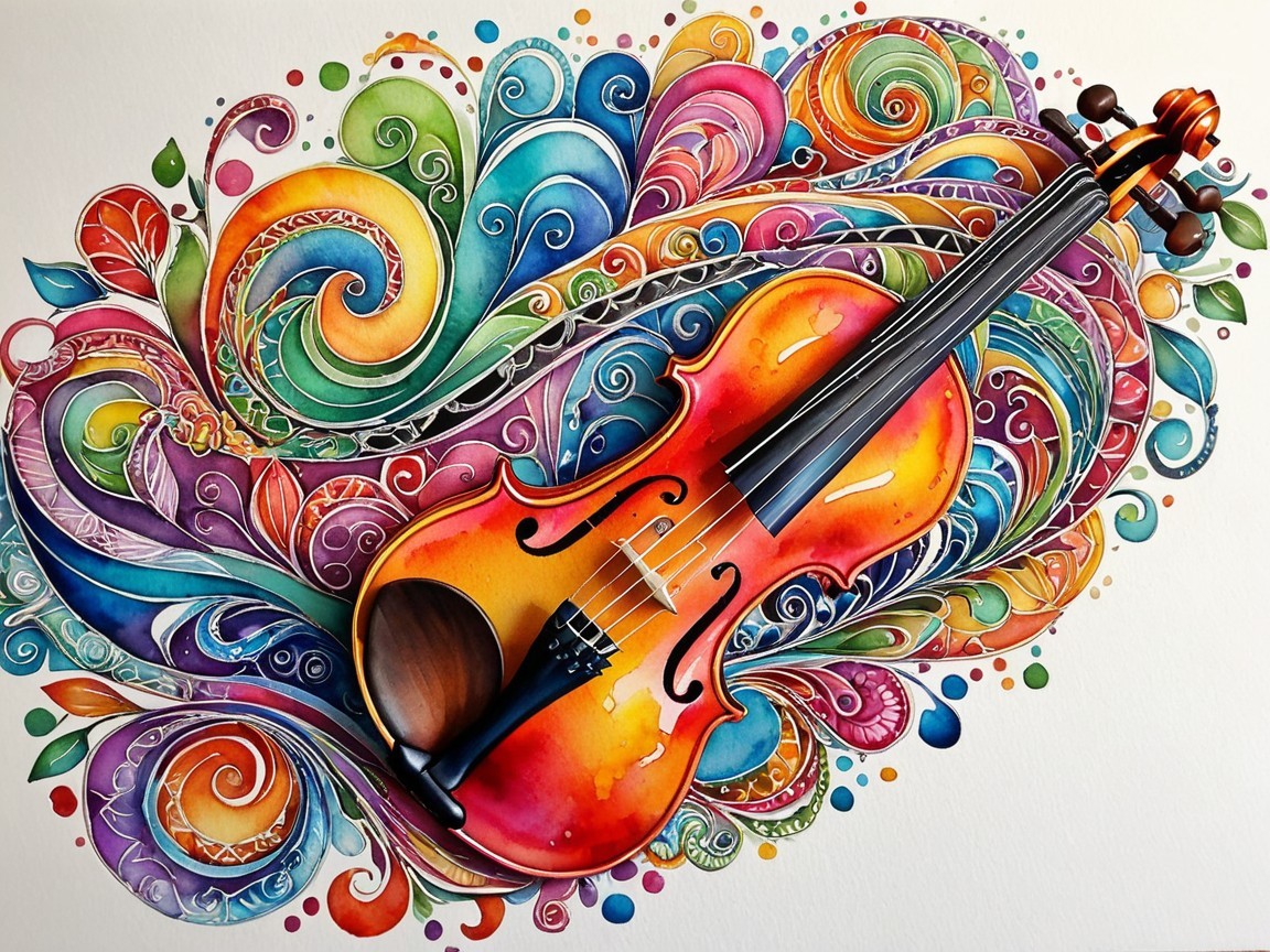 Violin with Colorful Swirling Background Patterns