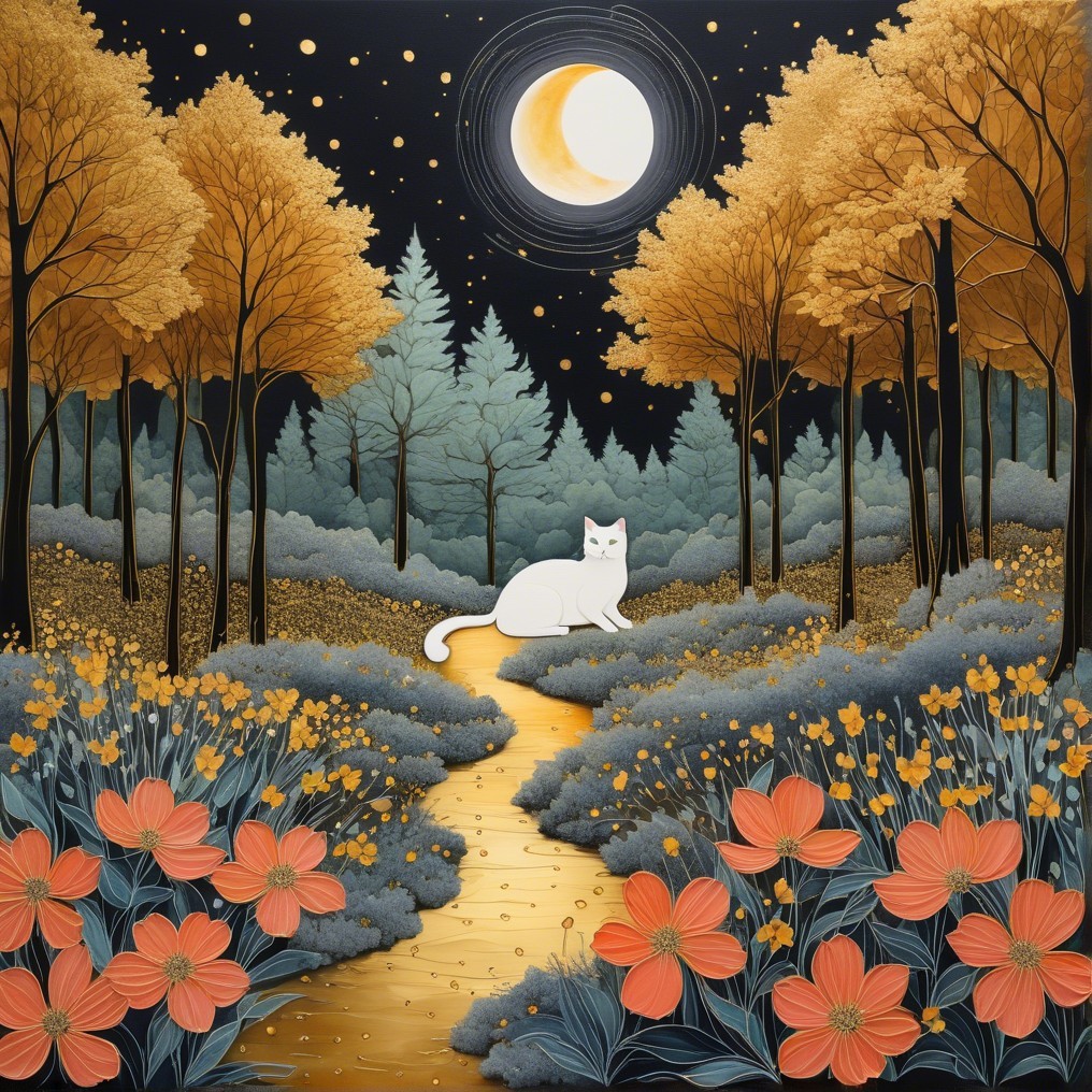 Serene forest scene with a white cat by a stream