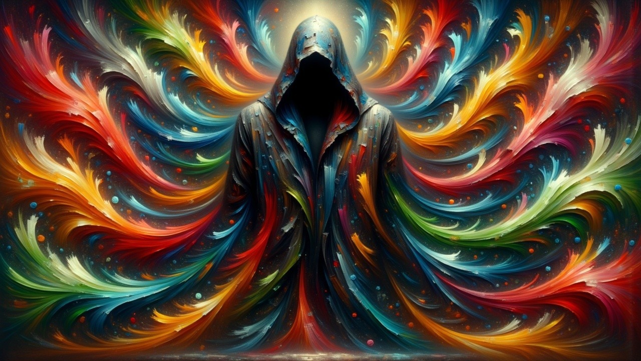 Cloaked Figure Surrounded by Vibrant Color Patterns