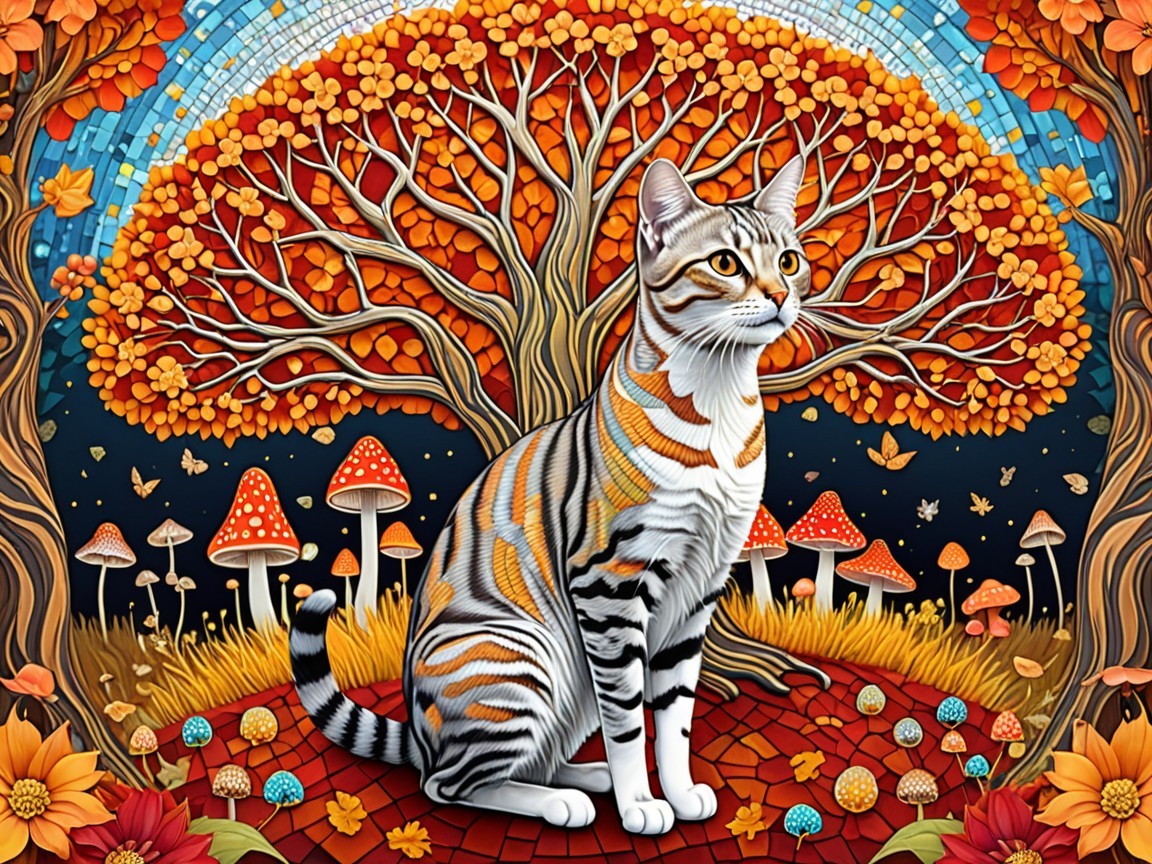 Illustration of a Cat by a Colorful Autumn Tree