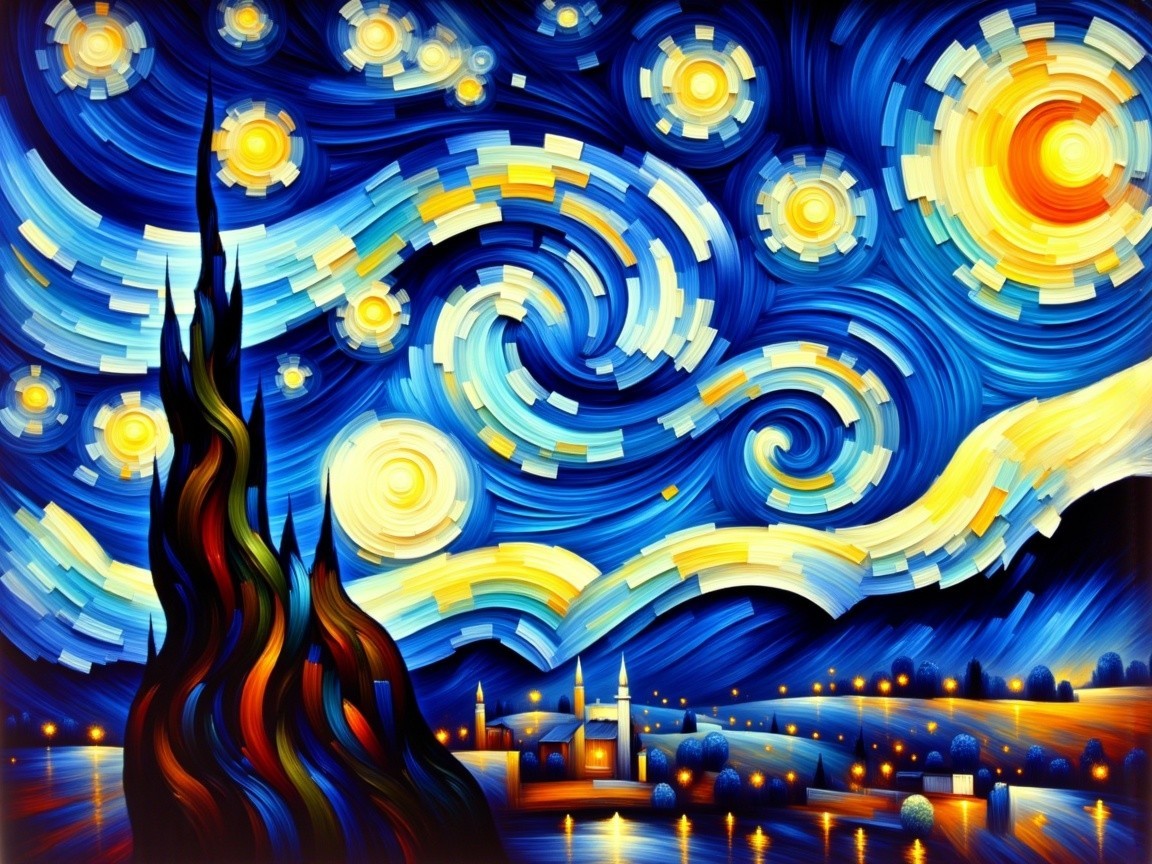Swirling Night Sky with Stars and Moon Over Village